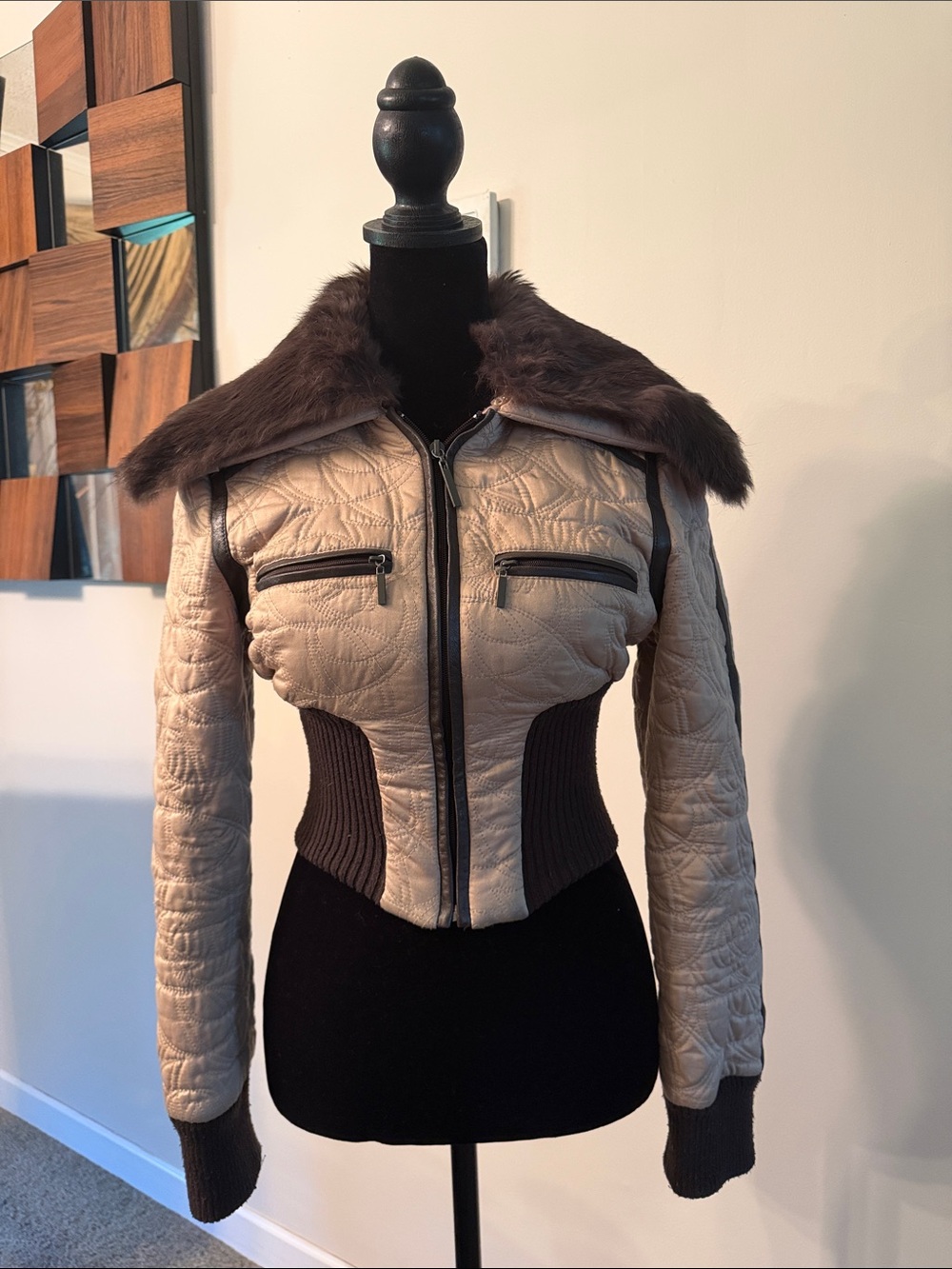 bebe Quilted Beige Bomber Jacket with Brown Fur Collar
